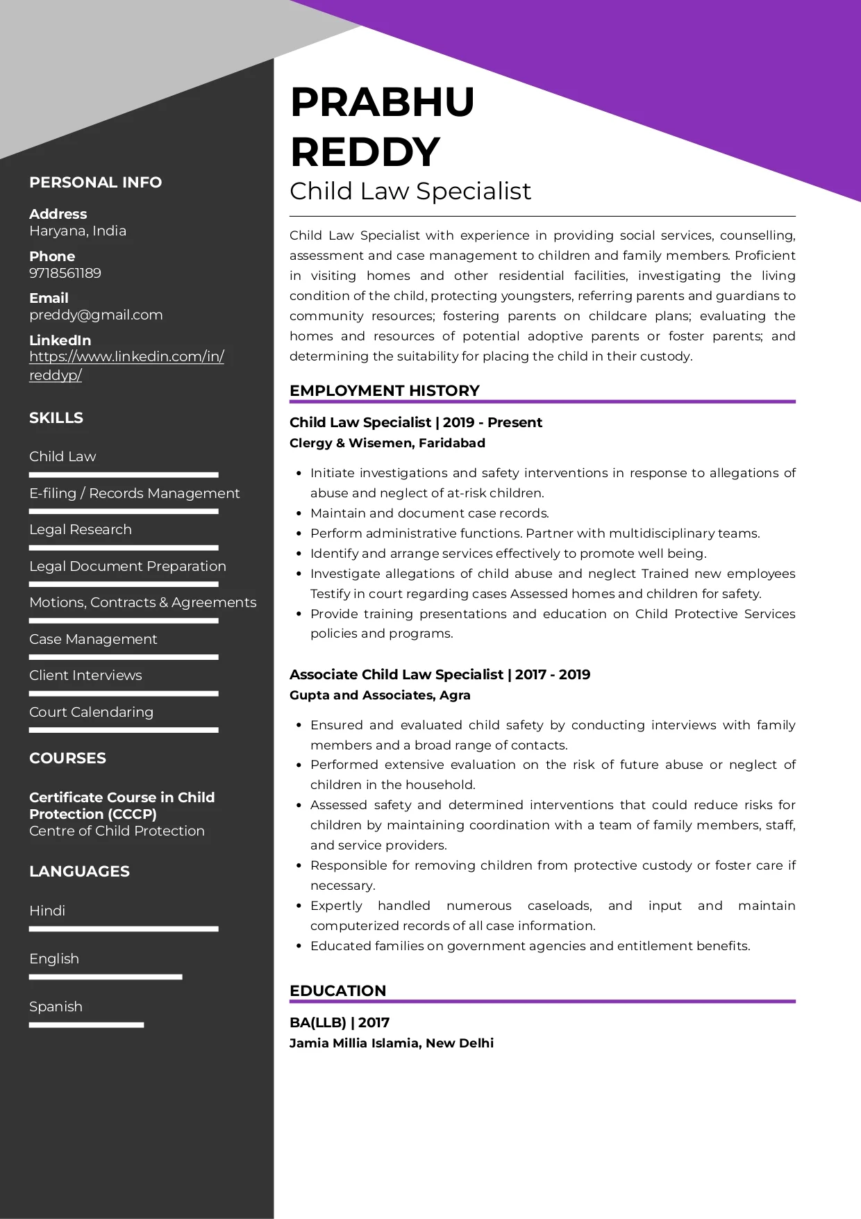 Sample Resume of Child Law Specialist | Free Resume Templates & Samples on Resumod.co