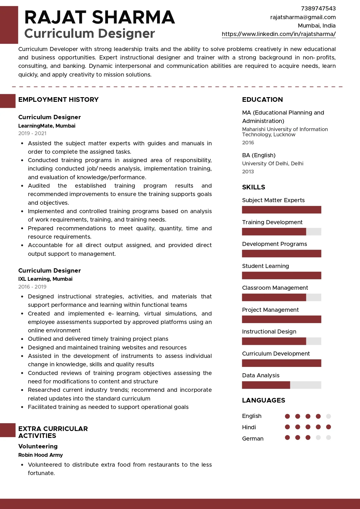Sample Resume of Curriculum Designer | Free Resume Templates & Samples on Resumod.co