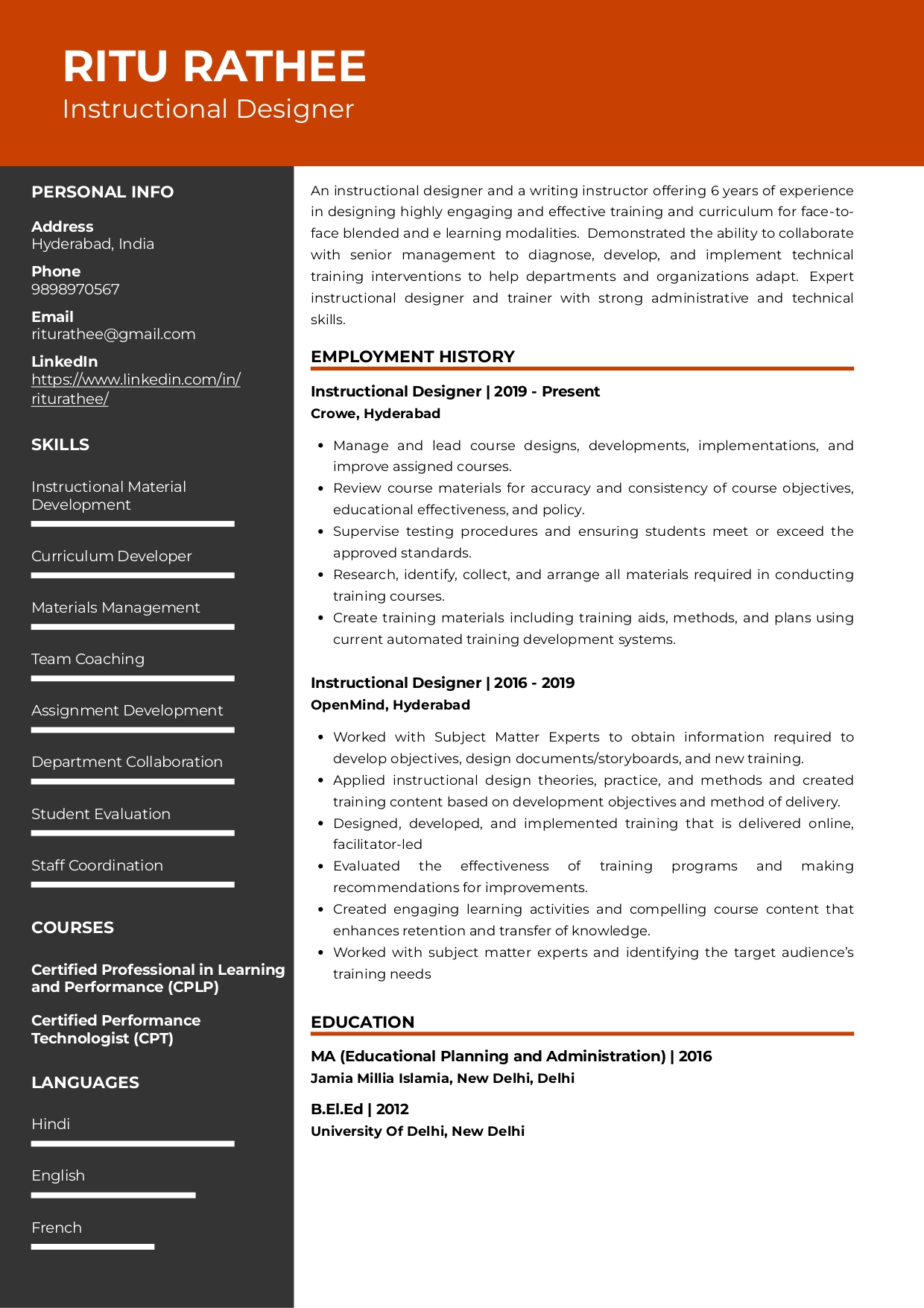 Sample Resume of Instructional Designer | Free Resume Templates & Samples on Resumod.co