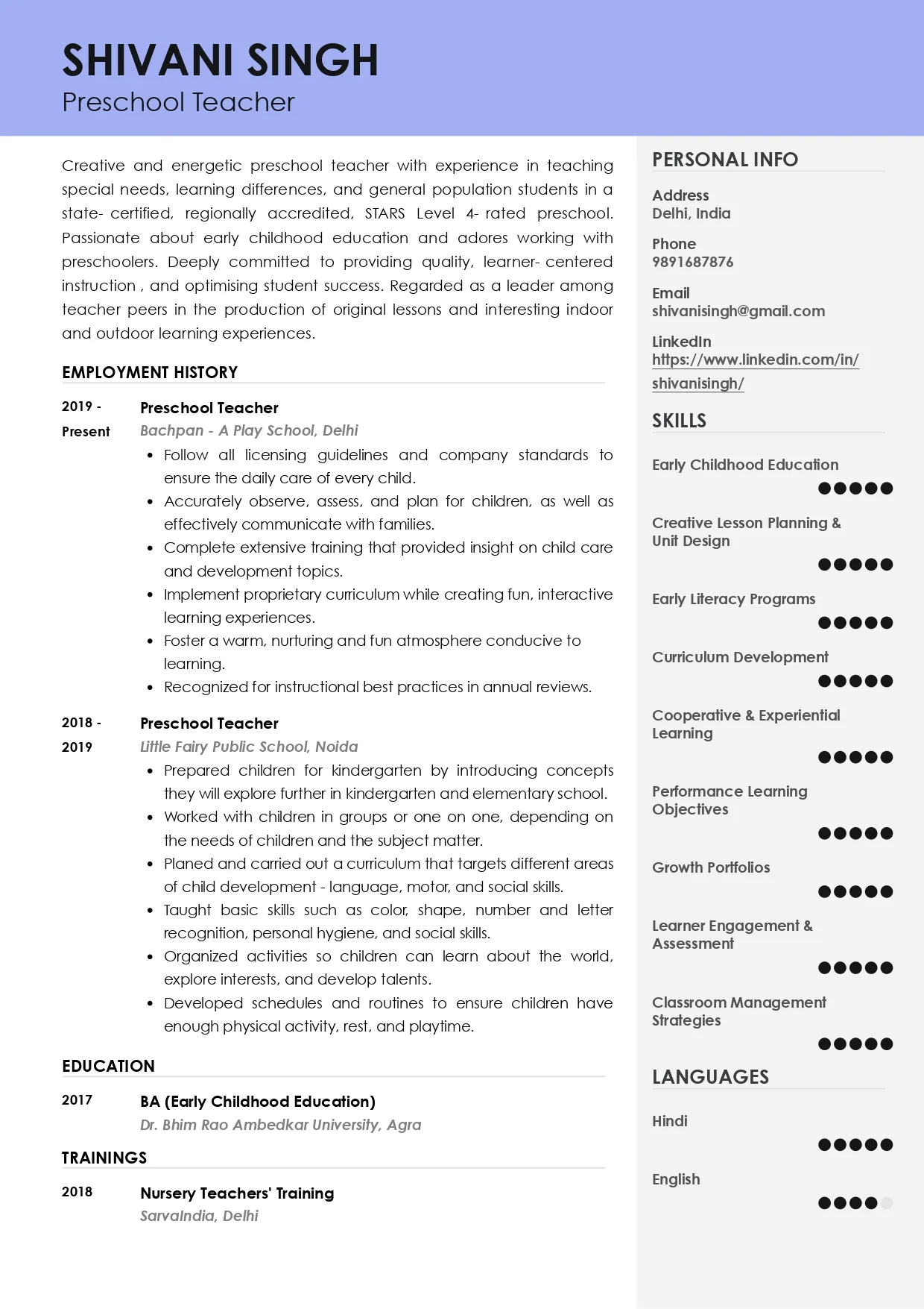 Sample Resume of Preschool Teacher | Free Resume Templates & Samples on Resumod.co