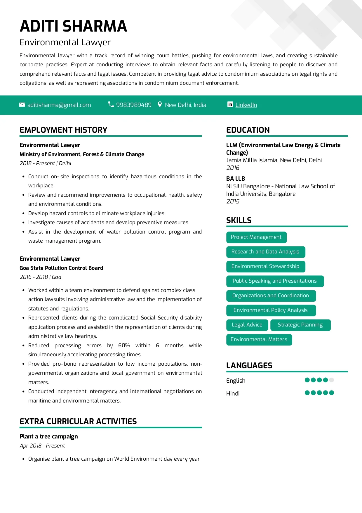 Sample Resume of Environmental Lawyer | Free Resume Templates & Samples on Resumod.co