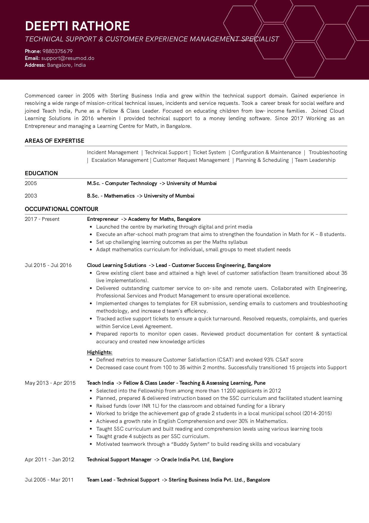 Resume of Technical Support and Customer Success Manager with Career Break