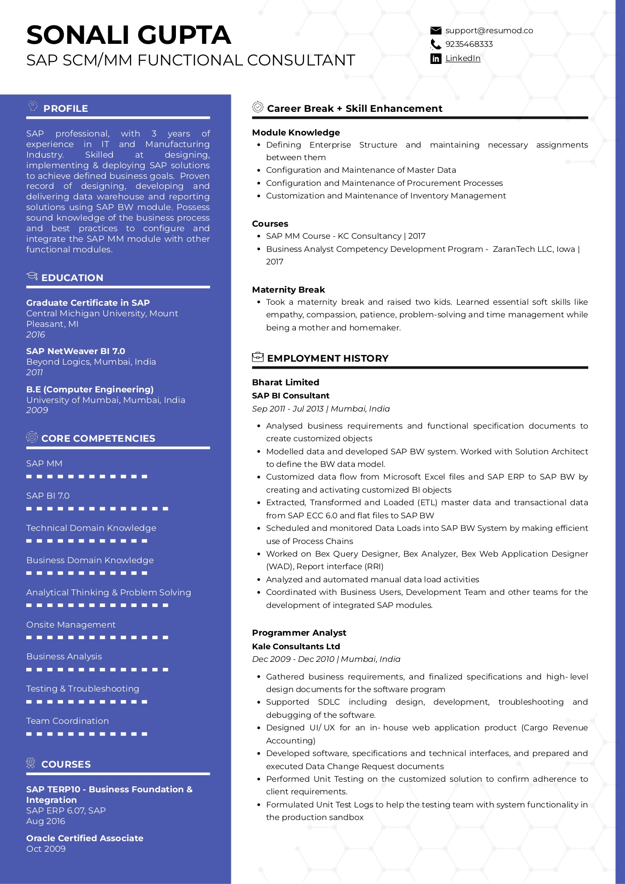 Sample Resume Skills of SAP SCM/MM Consultant with Career Break | Free Resume Templates & Samples on Resumod.co