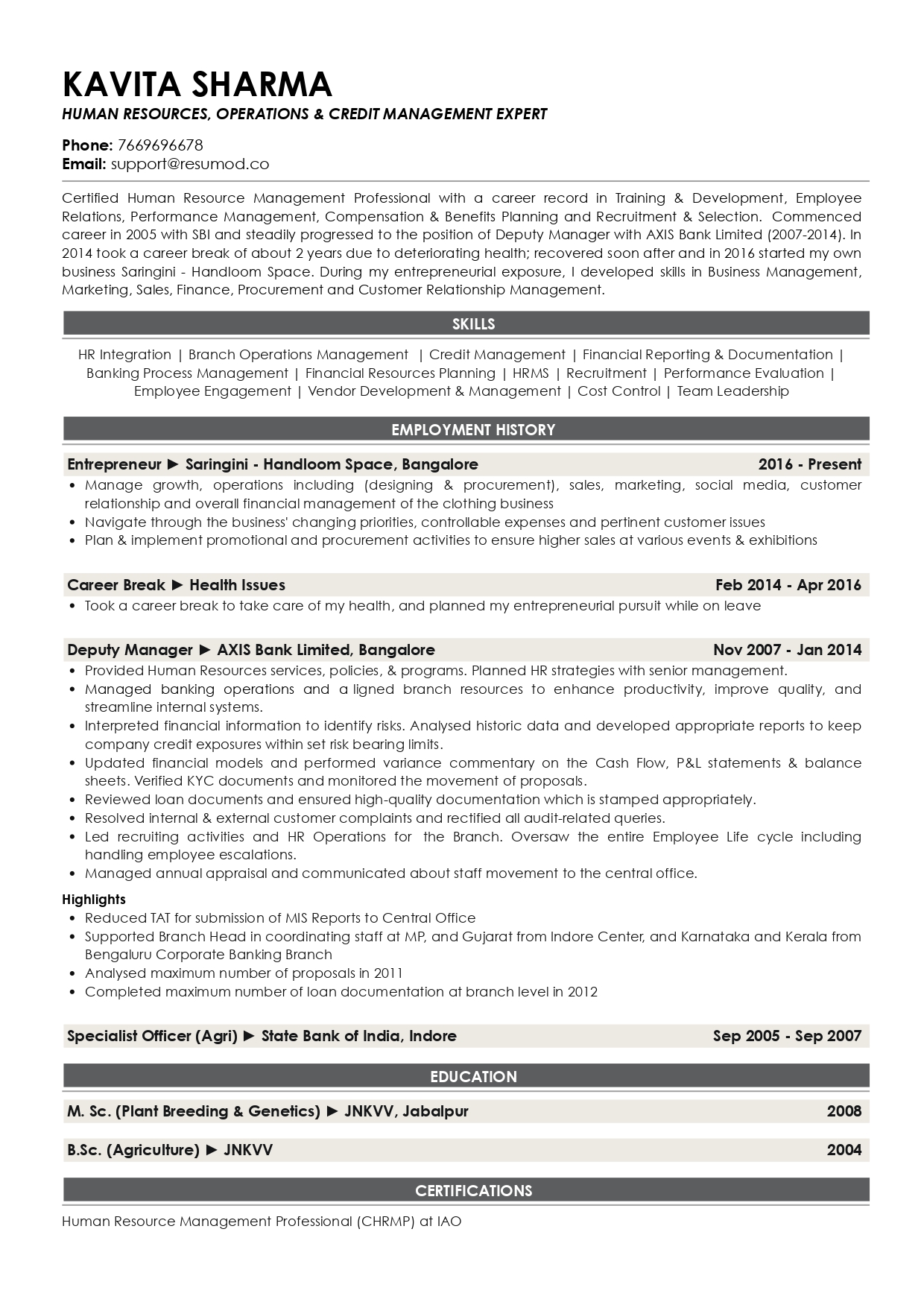 Sample Resume of HR, Operations & Credit Management Expert with Career Break | Free Resume Templates & Samples on Resumod.co