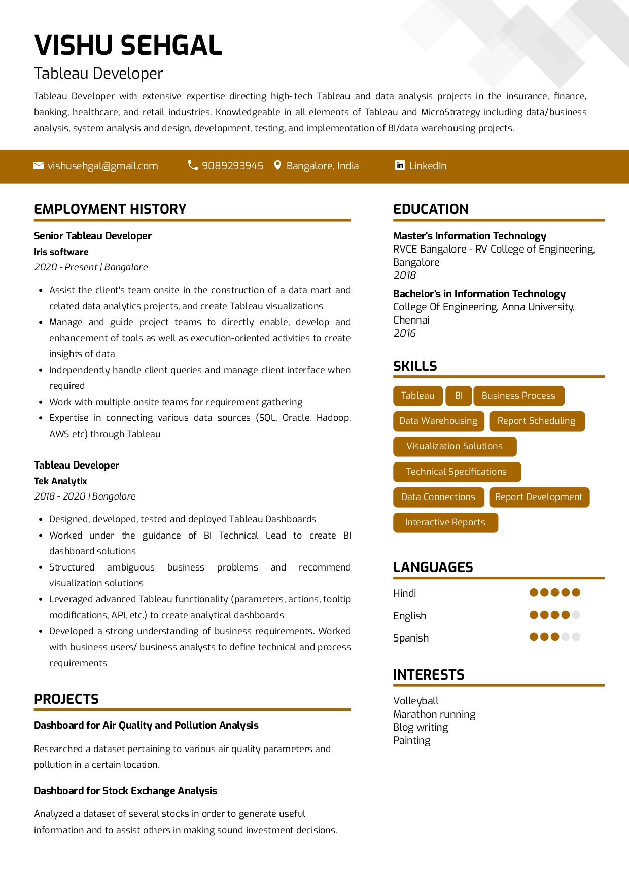 Resume of Tableau Developer