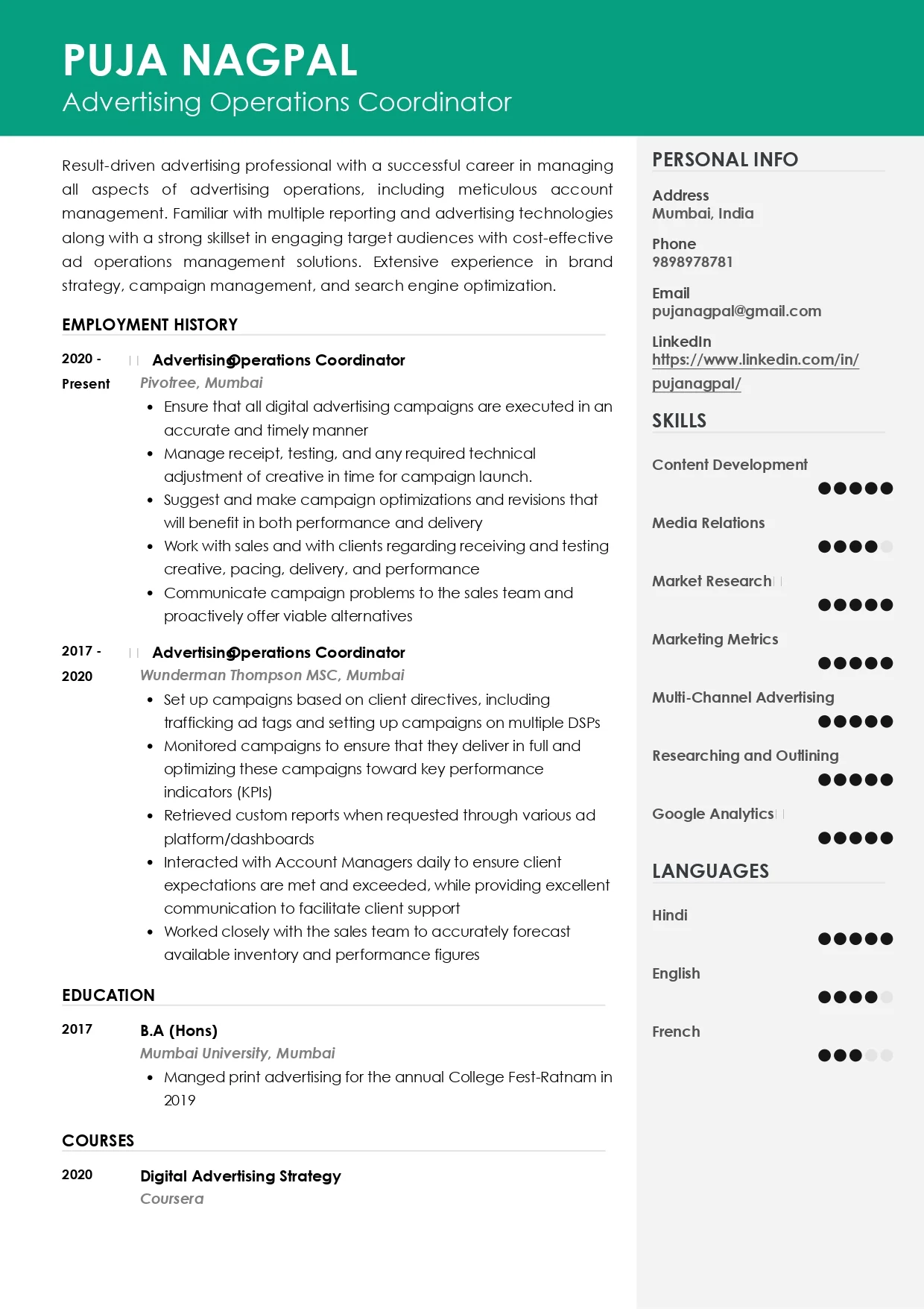 Sample Resume of Advertising Operations Coordinator | Free Resume Templates & Samples on Resumod.co