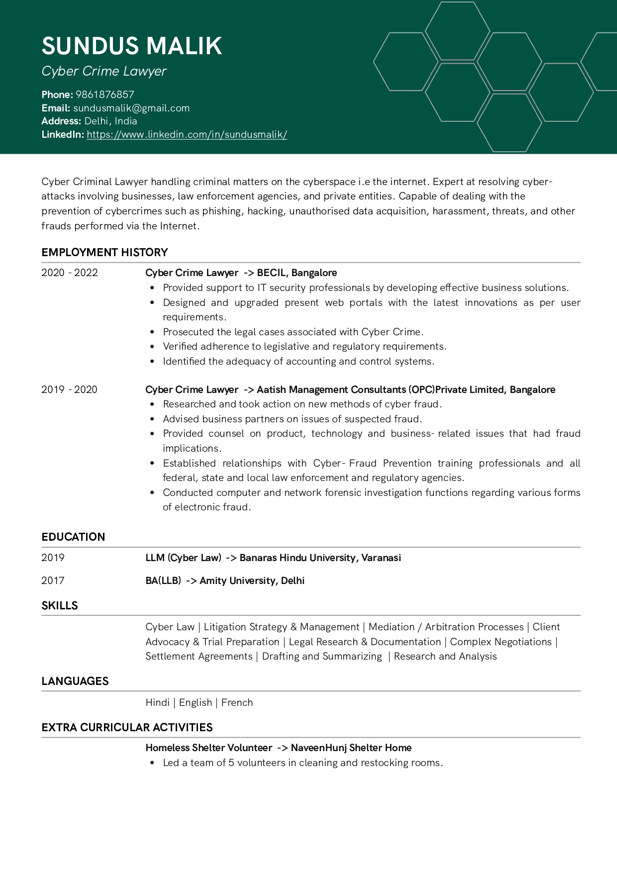 Sample Resume of Cyber Crime Lawyer | Free Resume Templates & Samples on Resumod.co
