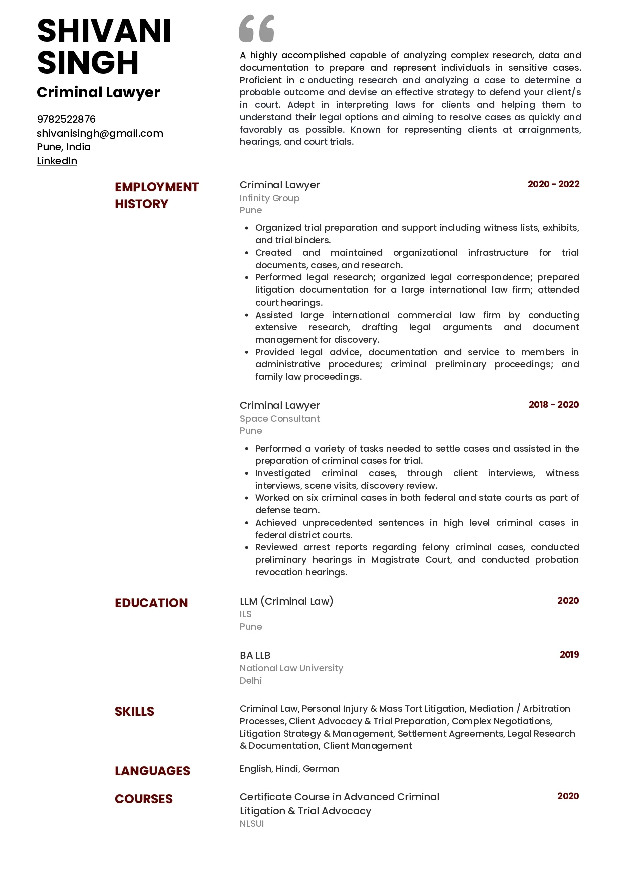Sample Resume of Criminal Lawyer | Free Resume Templates & Samples on Resumod.co