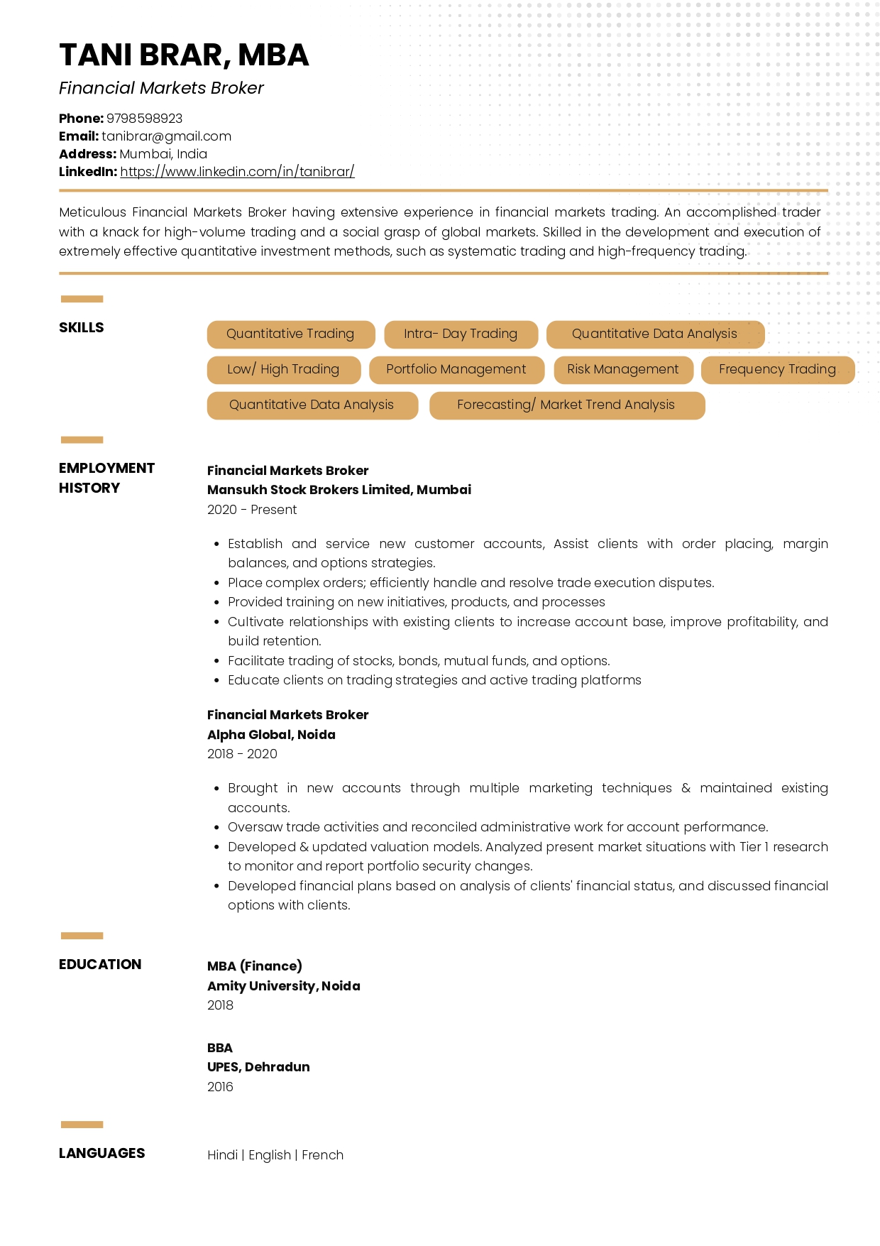 Sample Resume of Financial Markets Broker | Free Resume Templates & Samples on Resumod.co