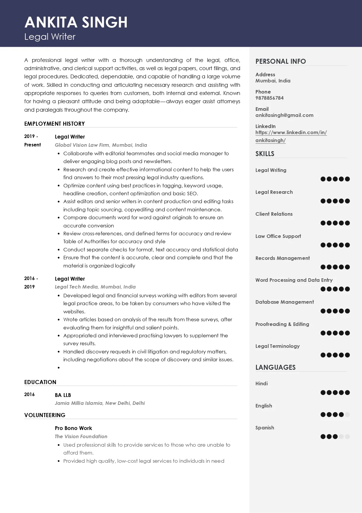 Sample Resume of Legal Writer | Free Resume Templates & Samples on Resumod.co