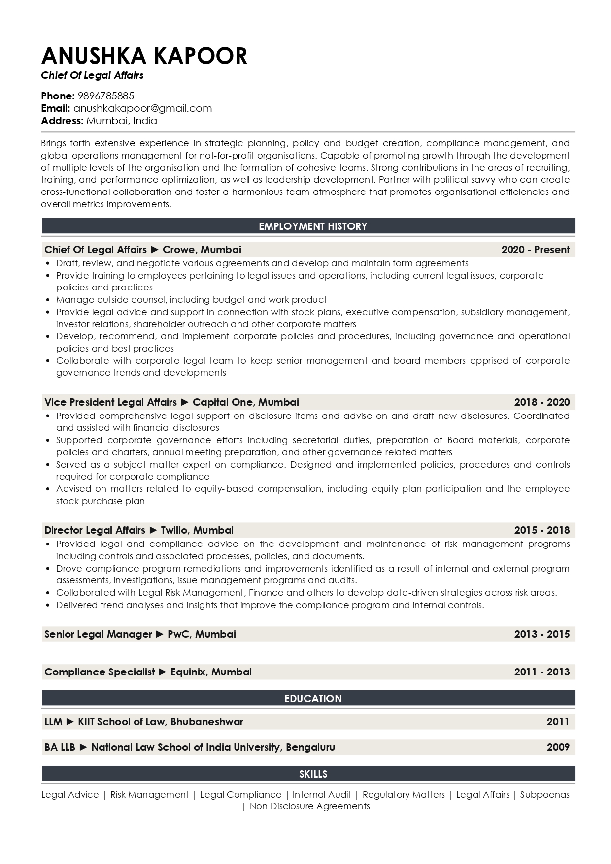 Sample Resume of Chief of Legal Affairs | Free Resume Templates & Samples on Resumod.co