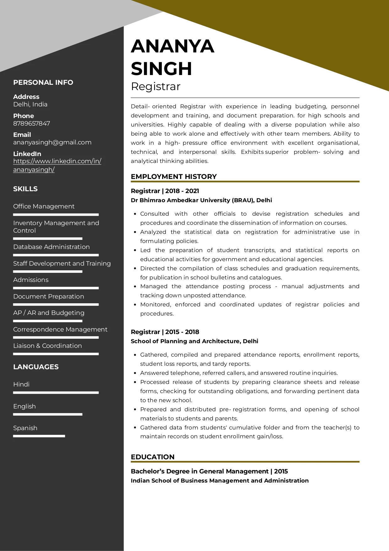 Sample Resume of Registrar | Free Resume Templates & Samples on Resumod.co