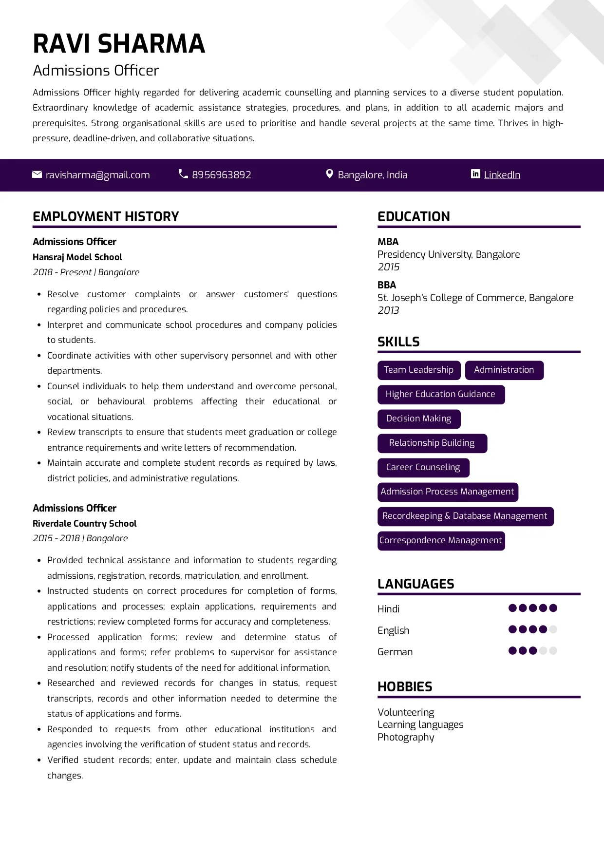 Sample Resume of Admissions Officer | Free Resume Templates & Samples on Resumod.co