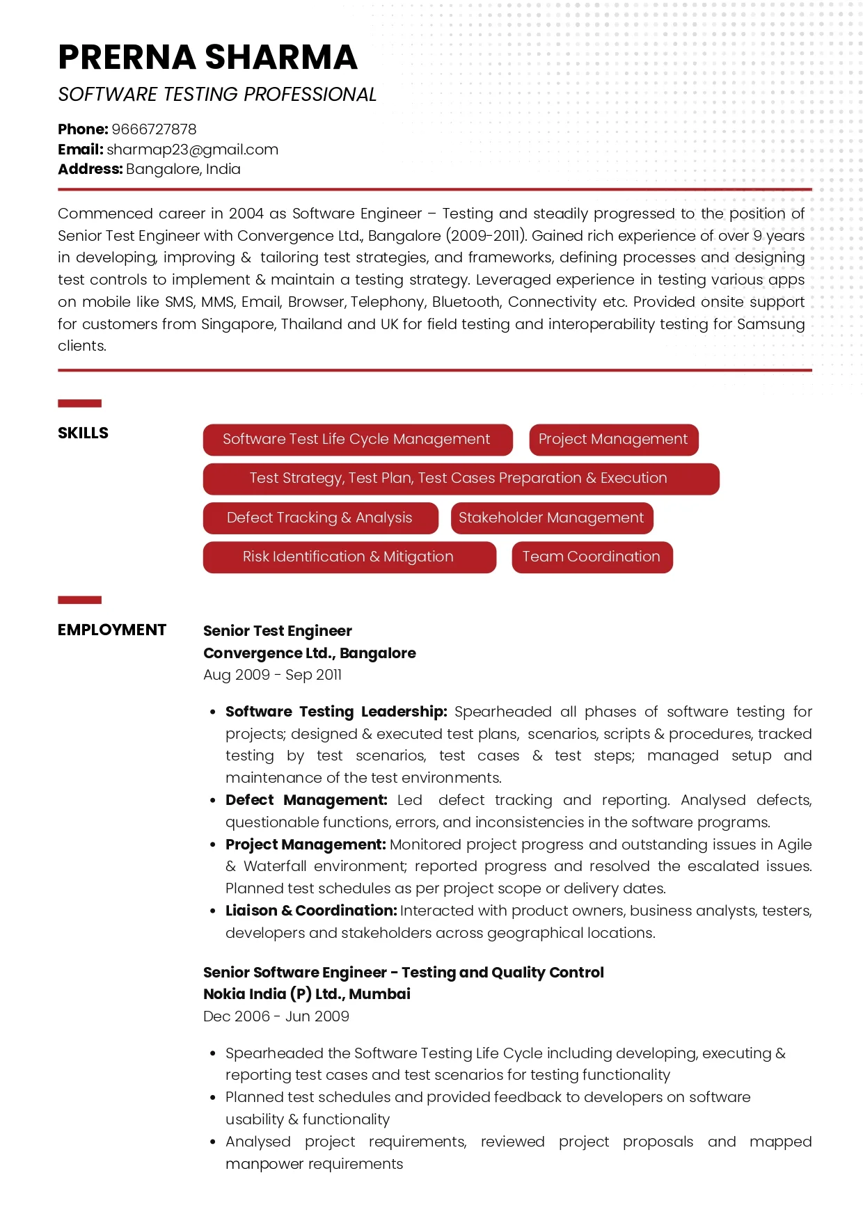 Sample Resume of Software Testing Professional with Career Break | Free Resume Templates & Samples on Resumod.co