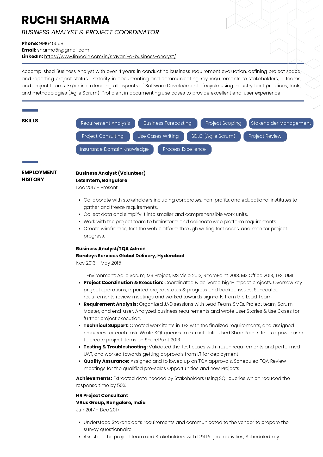 Sample Resume of Business Analyst and Project Coordinator with Career Break | Free Resume Templates & Samples on Resumod.co