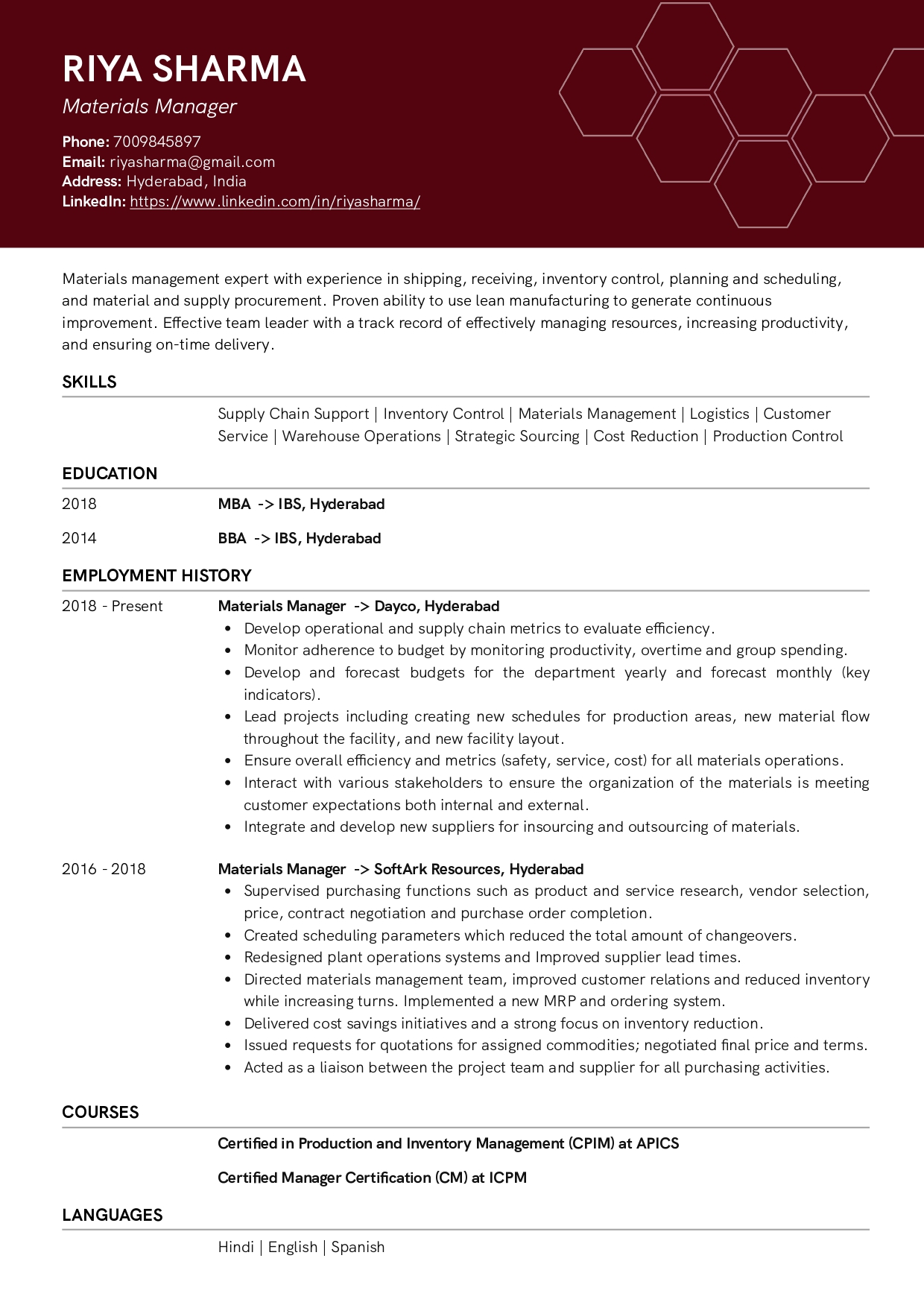 Sample Resume of Materials Manager | Free Resume Templates & Samples on Resumod.co