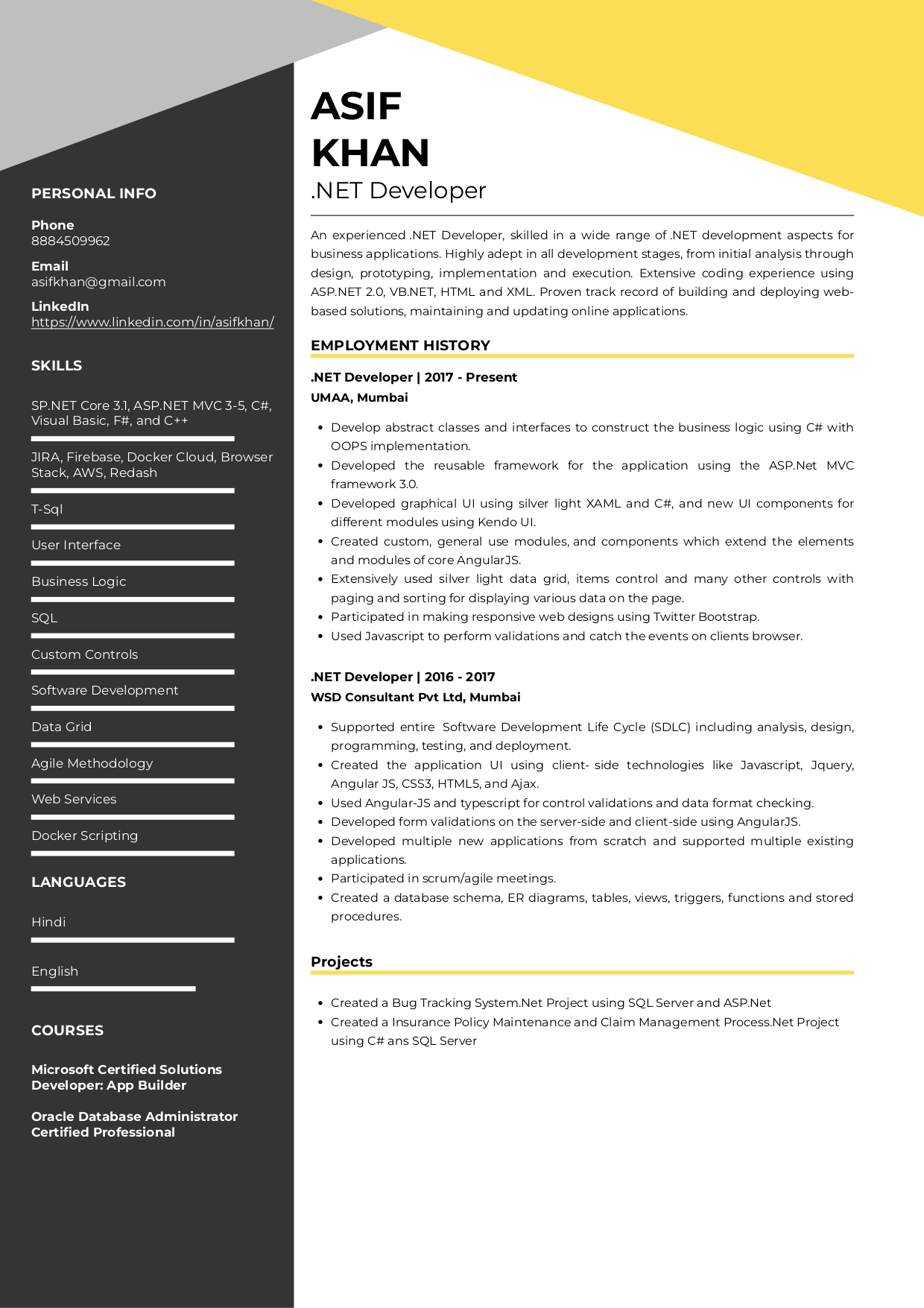 Sample Resume of .Net Developer | Free Resume Templates & Samples on Resumod.co