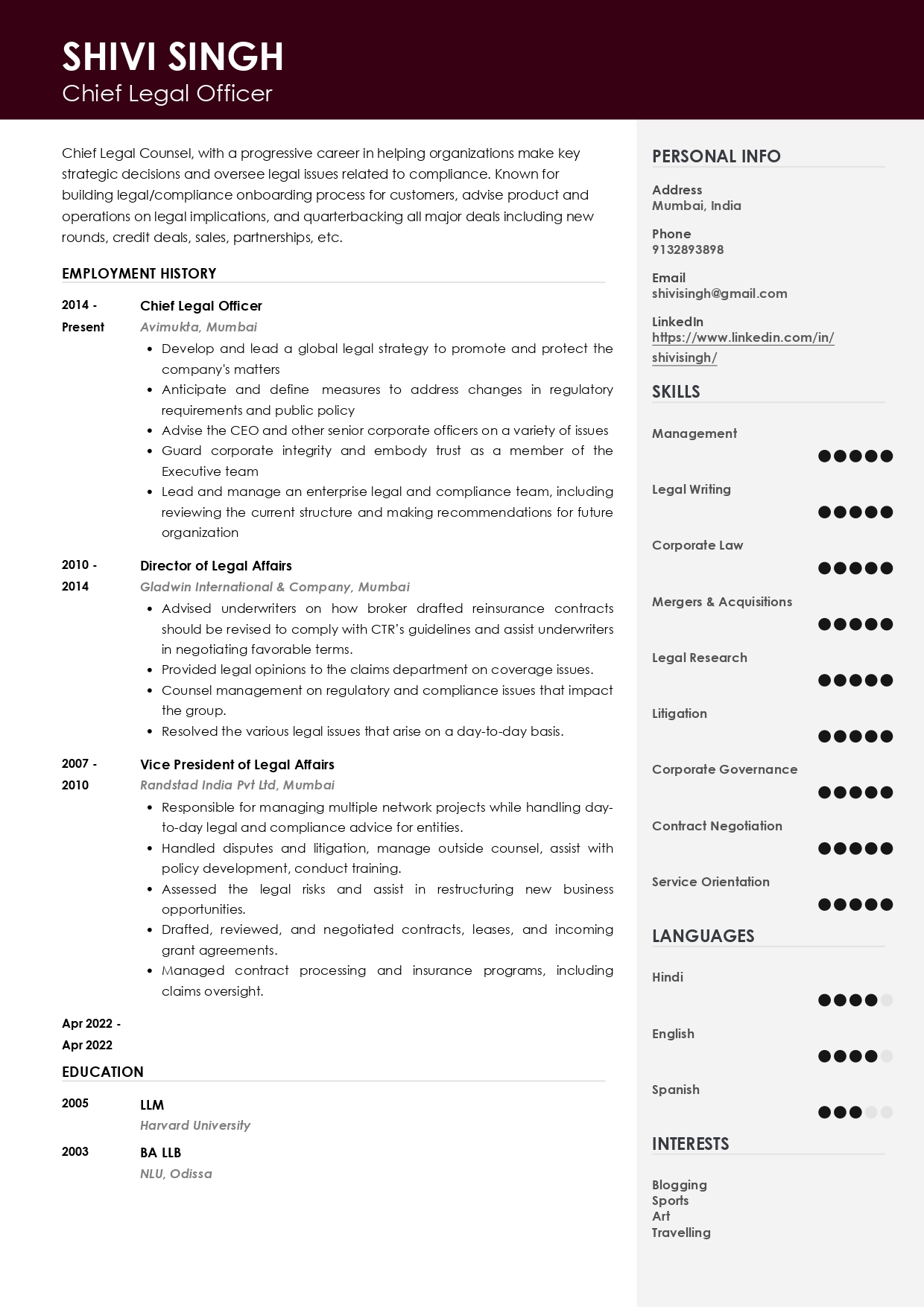 Sample Resume Of Chief Legal Officer | Free Resume Templates & Samples on Resumod.co