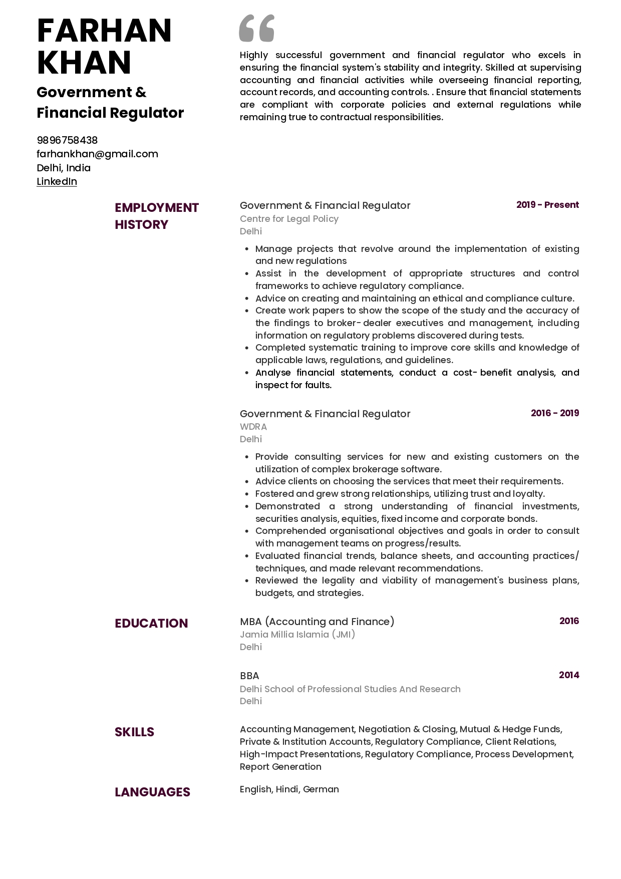 Sample Resume of Government and Financial Regulator | Free Resume Templates & Samples on Resumod.co