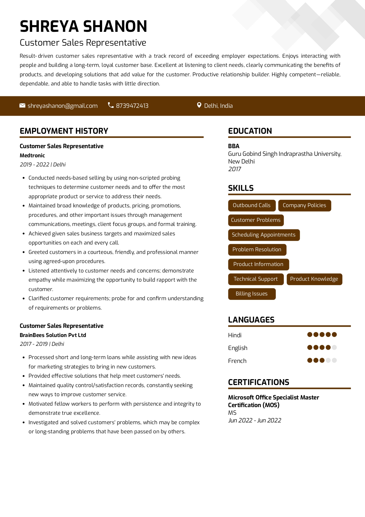 Resume of Customer Sales Representative