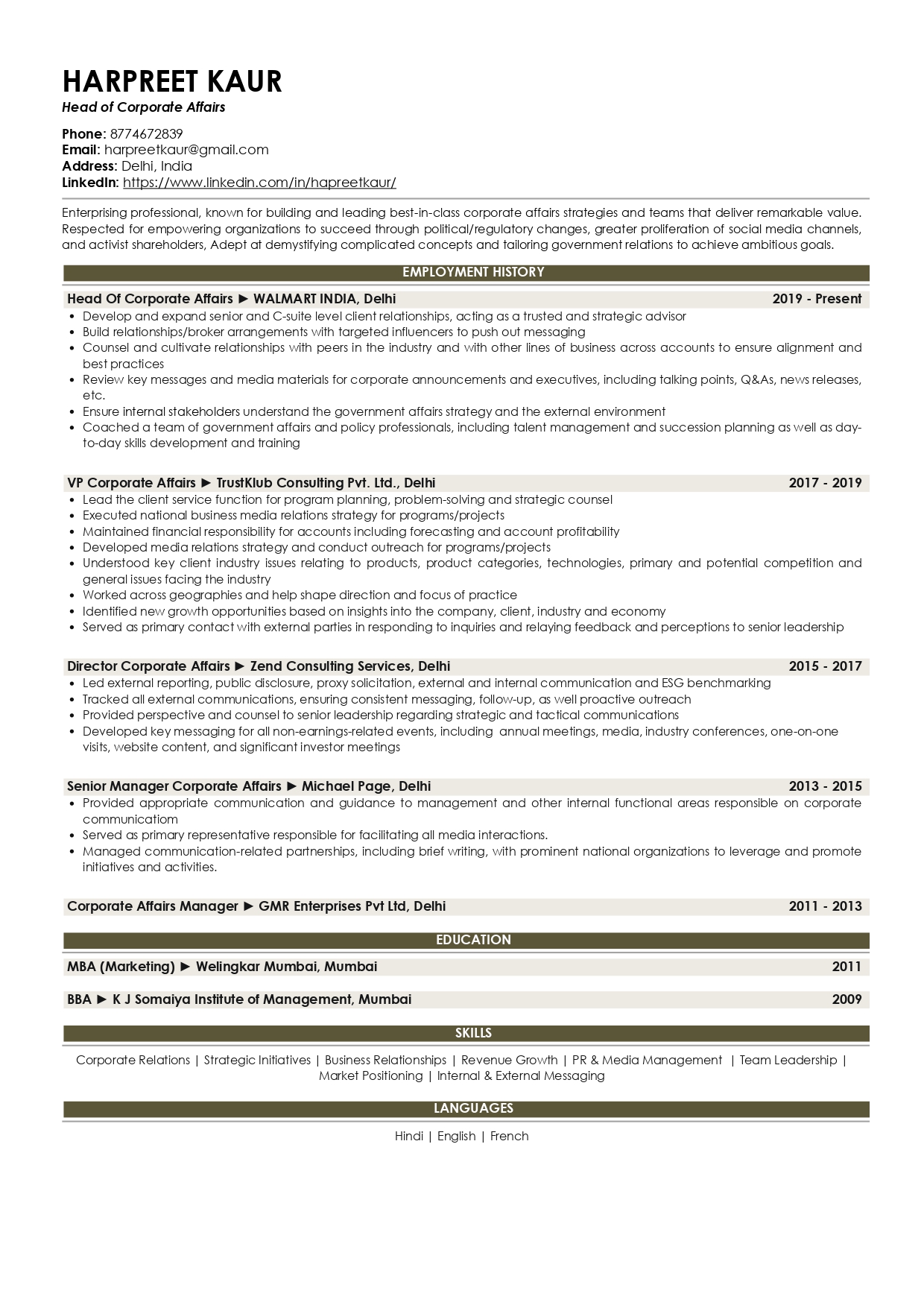 Sample Resume of Head of Corporate Affairs | Free Resume Templates & Samples on Resumod.co