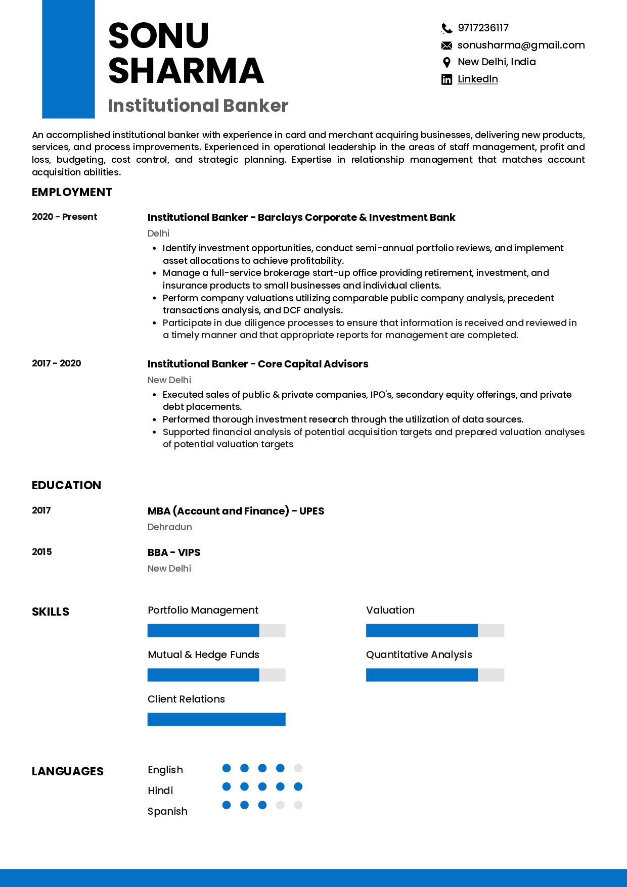 Sample Resume of Institutional Banker | Free Resume Templates & Samples on Resumod.co