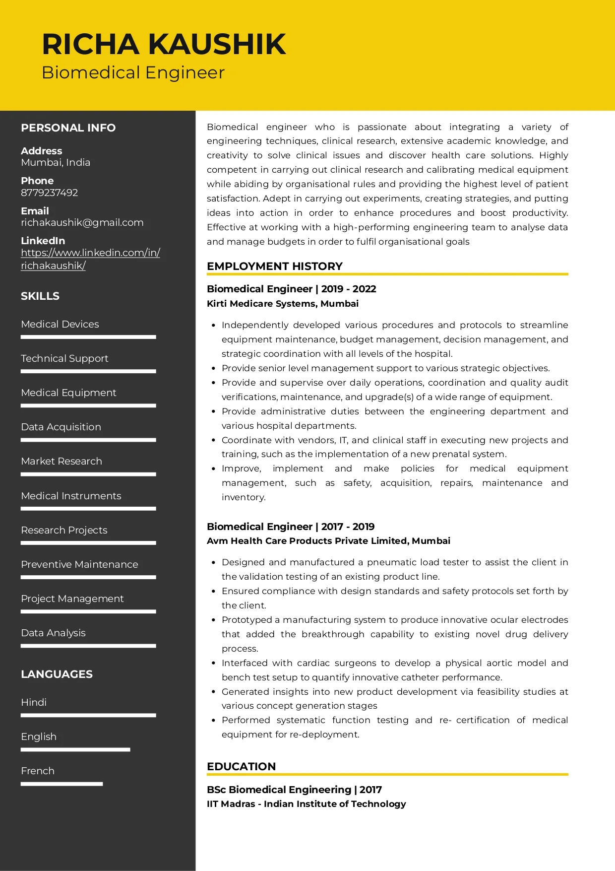 Sample Resume Of Biomedical Engineer | Free Resume Templates & Samples on Resumod.co
