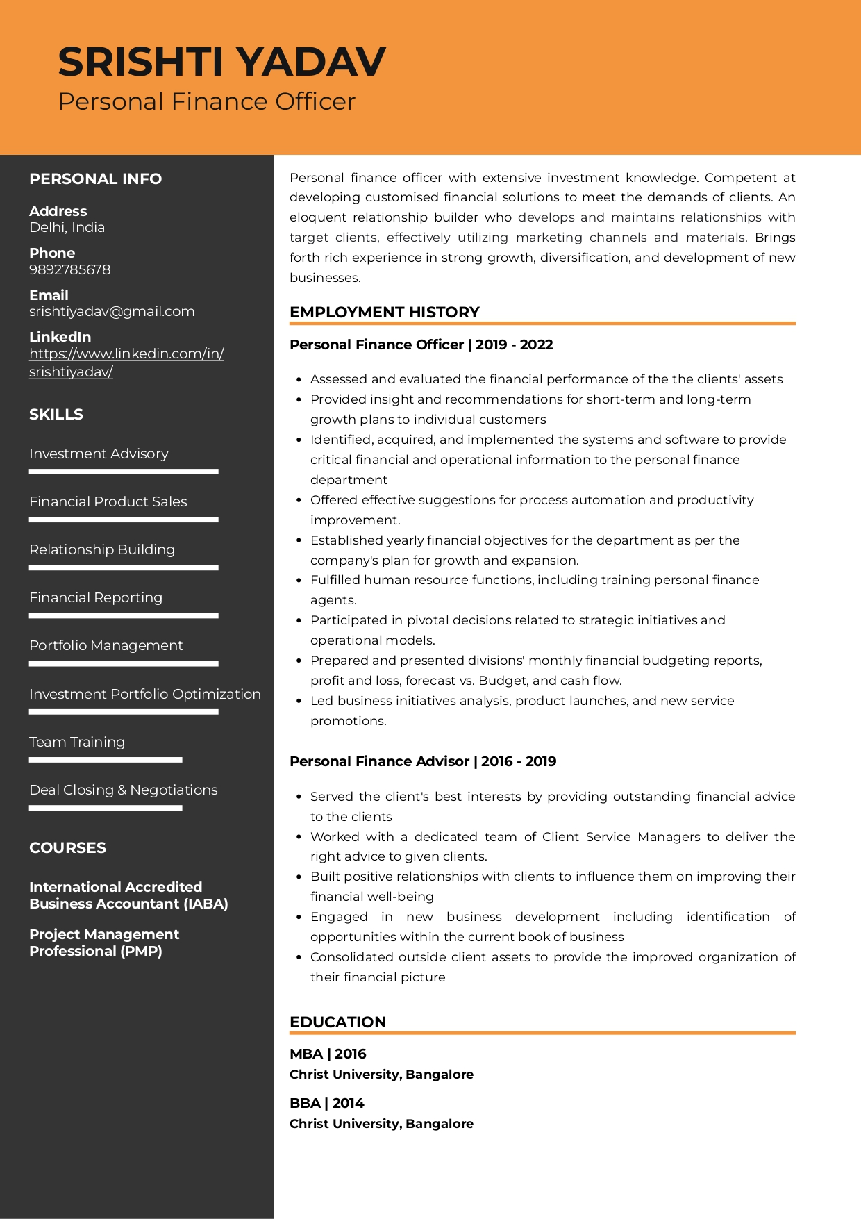 Sample Resume of Personal Finance Officer | Free Resume Templates & Samples on Resumod.co