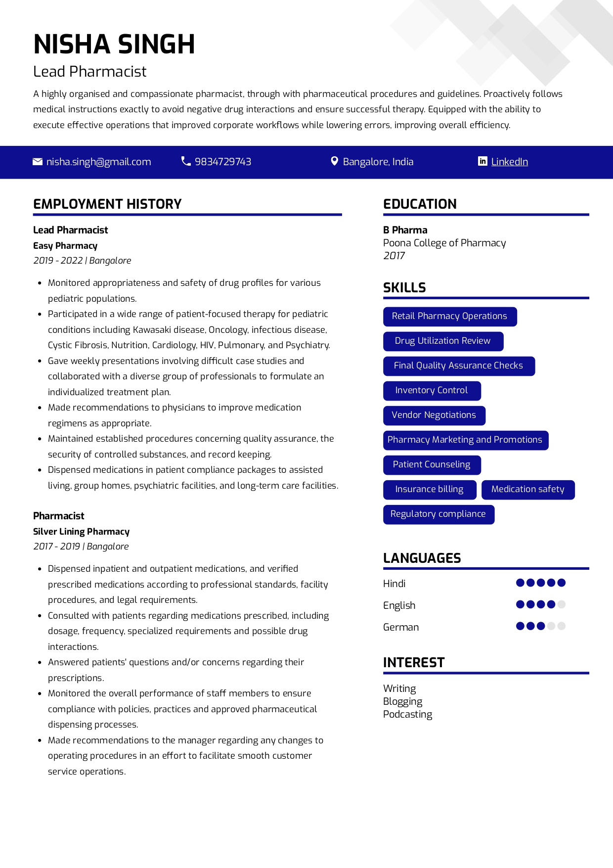 Sample Resume of Lead Pharmacist | Free Resume Templates & Samples on Resumod.co