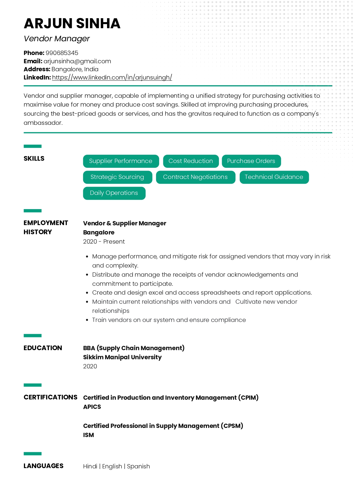 Sample Resume of Vendor Manager | Free Resume Templates & Samples on Resumod.co