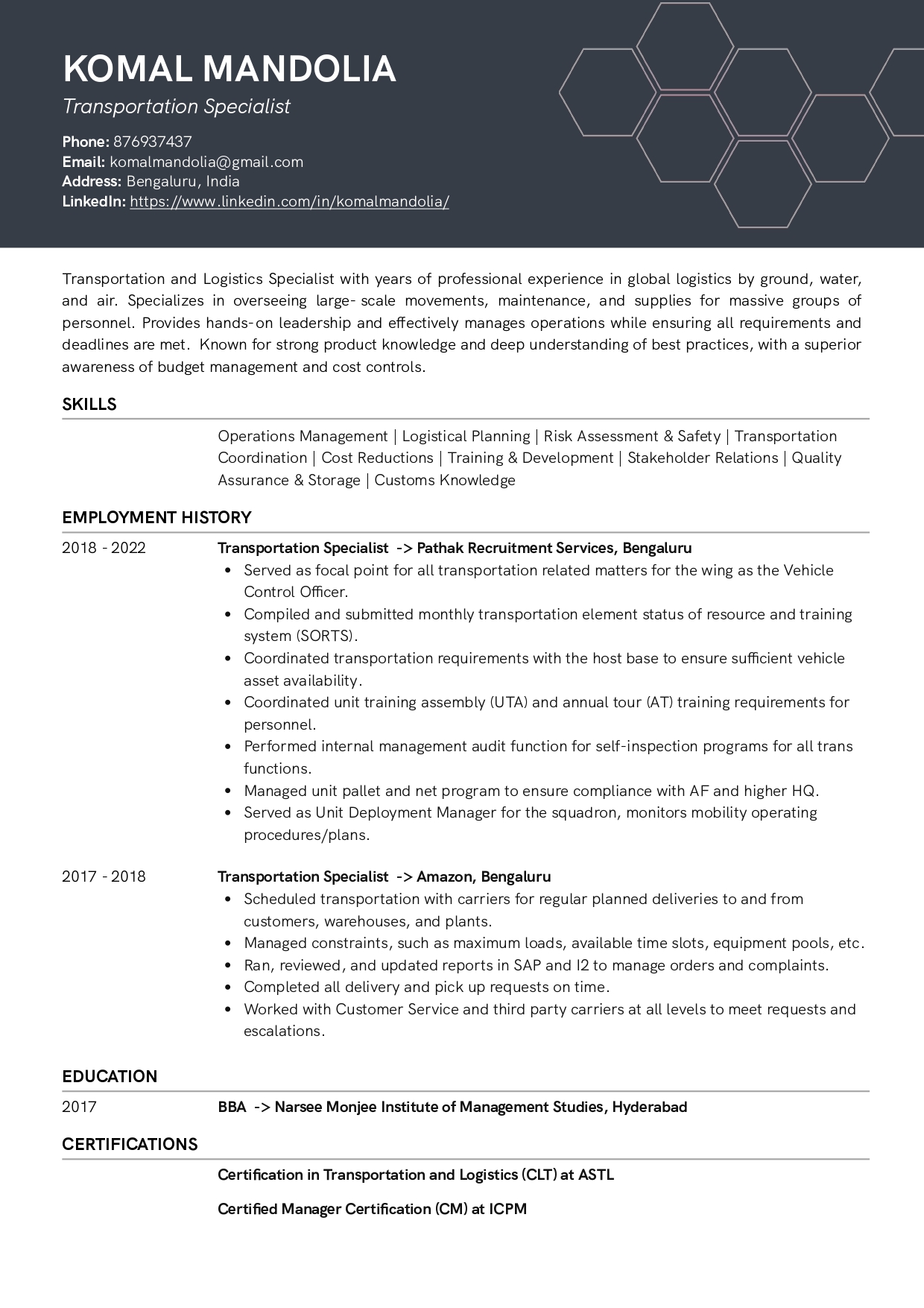 Sample Resume of Transportation Specialist | Free Resume Templates & Samples on Resumod.co