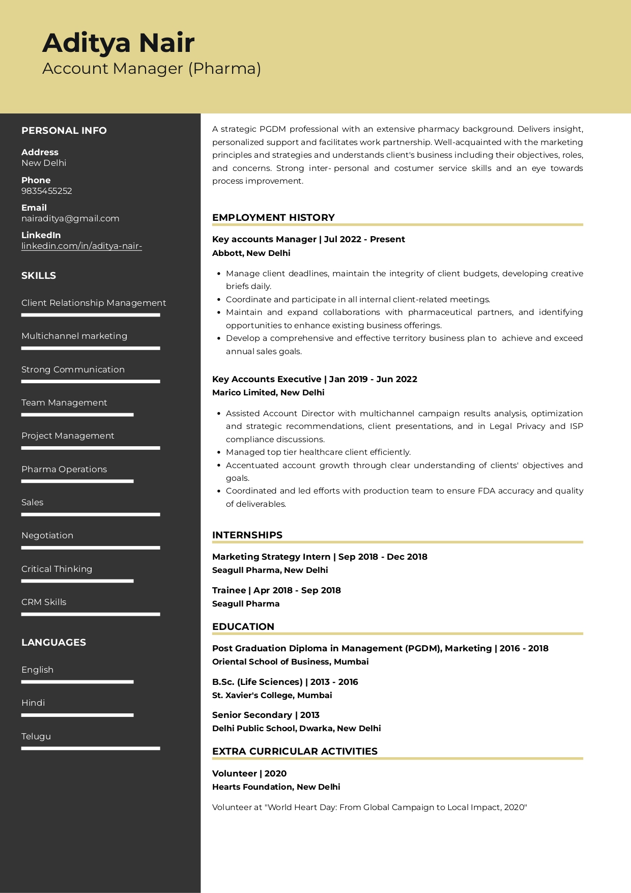Sample Resume of Account Manager- Pharma | Free Resume Templates & Samples on Resumod.co