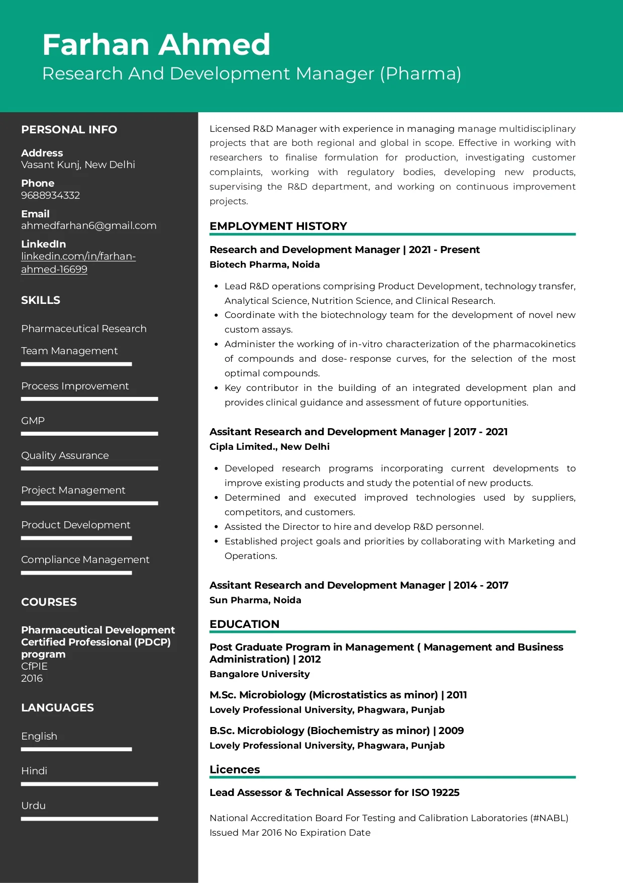 Sample Resume of Research & Development (R&D) Manager-Pharma | Free Resume Templates & Samples on Resumod.co