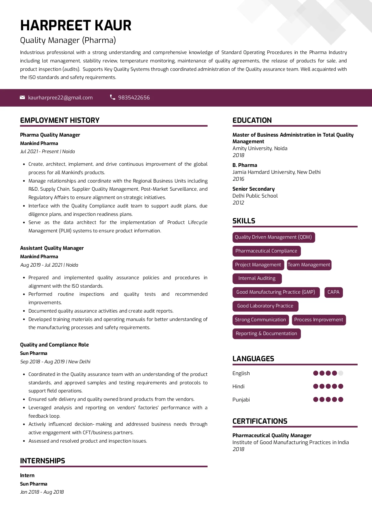Sample Resume of Quality Manager - Pharma | Free Resume Templates & Samples on Resumod.co