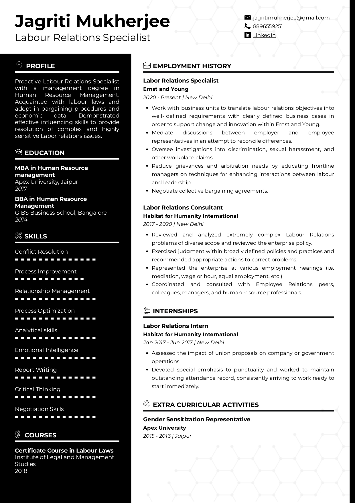 Resume of Labour Relations Specialist