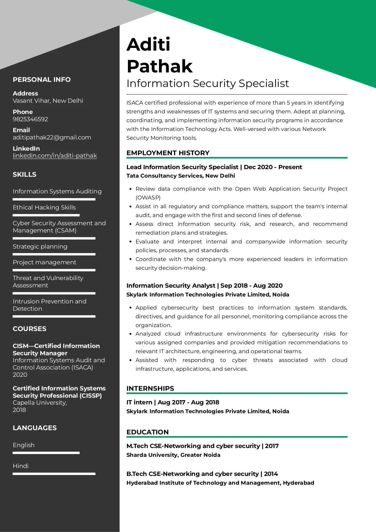Sample Resume of Information Security Specialist | Free Resume Templates & Samples on Resumod.co
