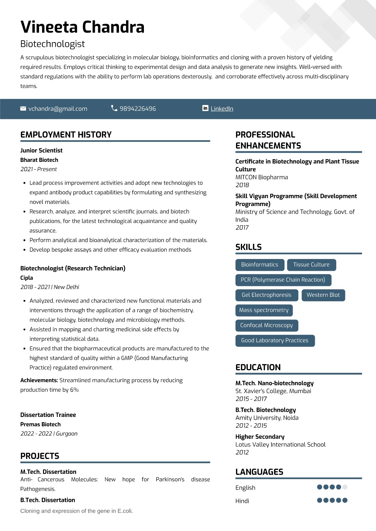 Sample Resume of Biotechnologist | Free Resume Templates & Samples on Resumod.co