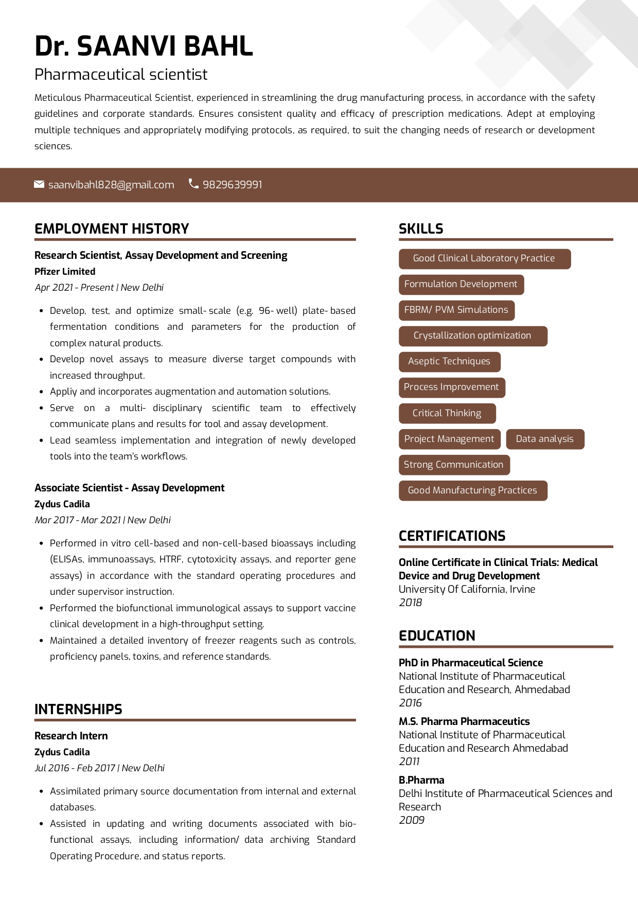 Sample Resume of Pharmaceutical Scientist | Free Resume Templates & Samples on Resumod.co
