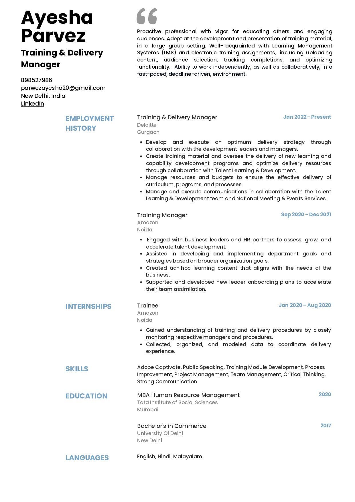 Sample Resume of Training & Delivery Manager | Free Resume Templates & Samples on Resumod.co