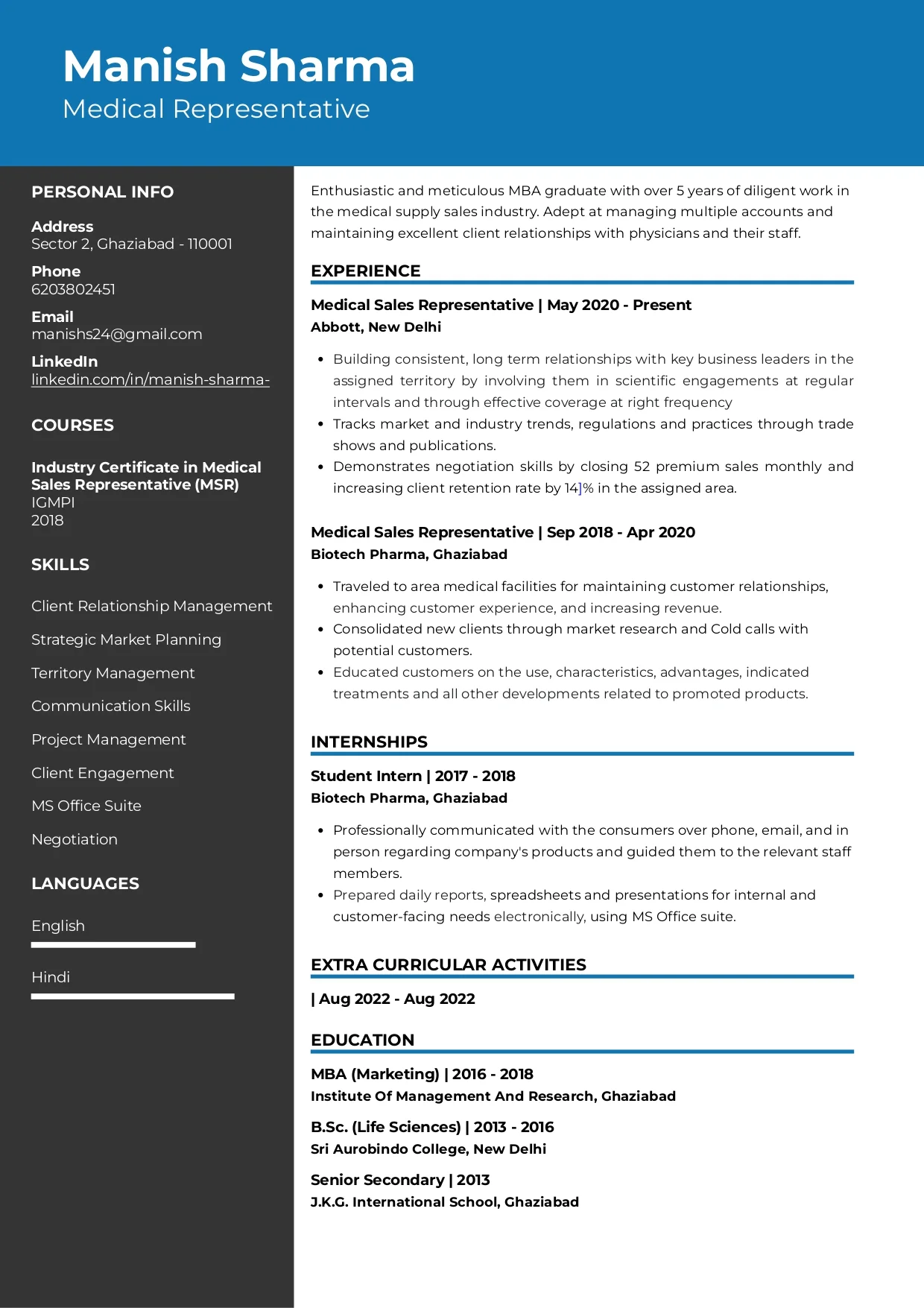 Sample Resume of Medical Sales Representative | Free Resume Templates & Samples on Resumod.co