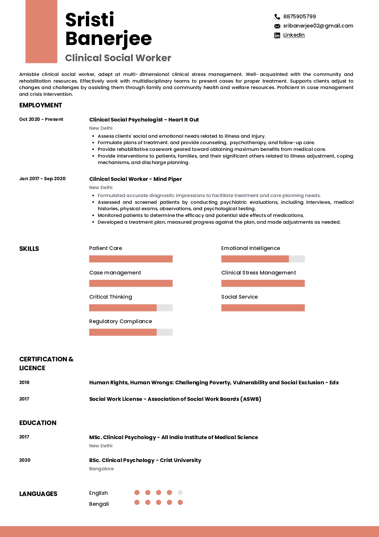Sample Resume of Clinical Social Worker | Free Resume Templates & Samples on Resumod.co