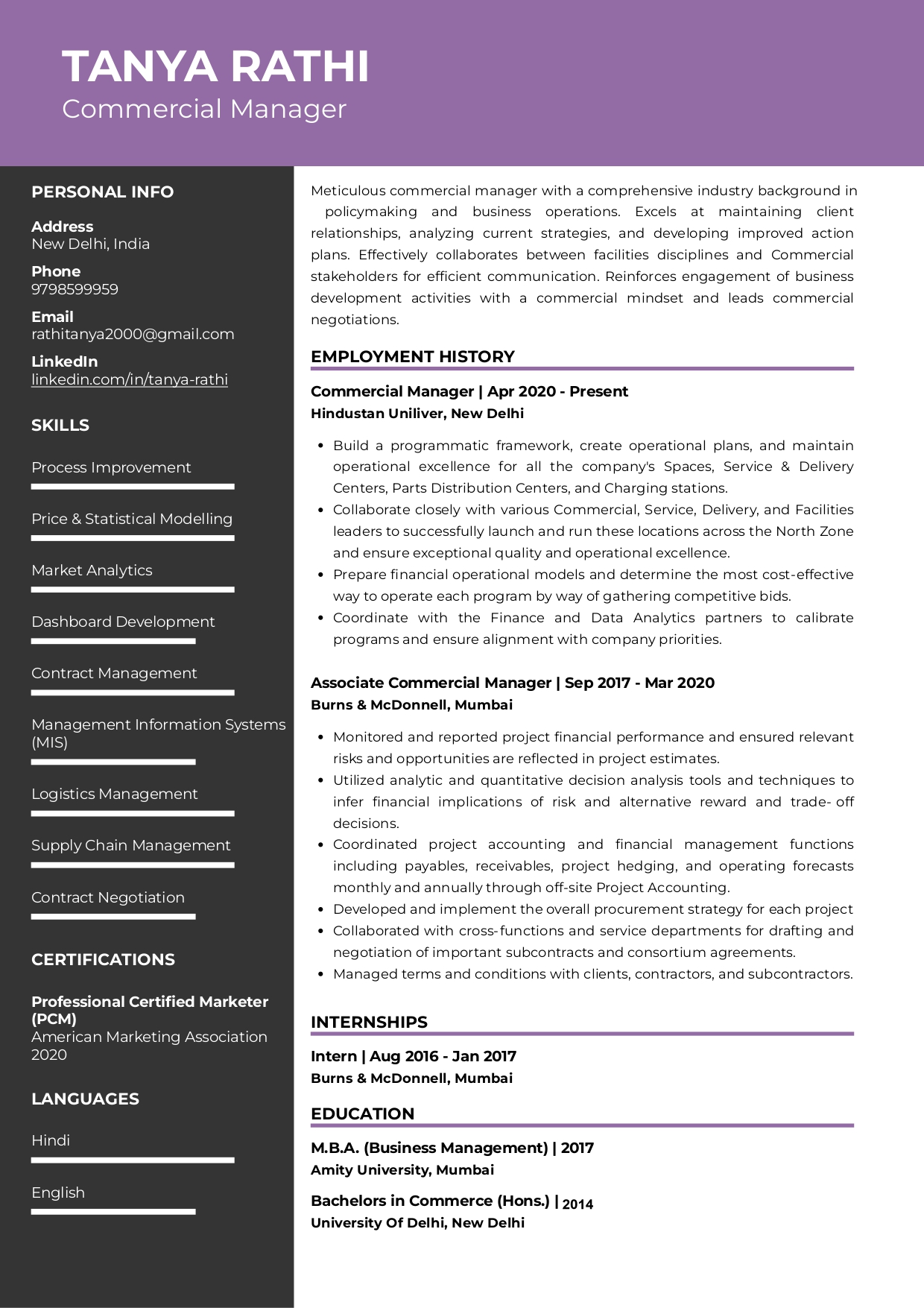 Resume of Commercial Manager