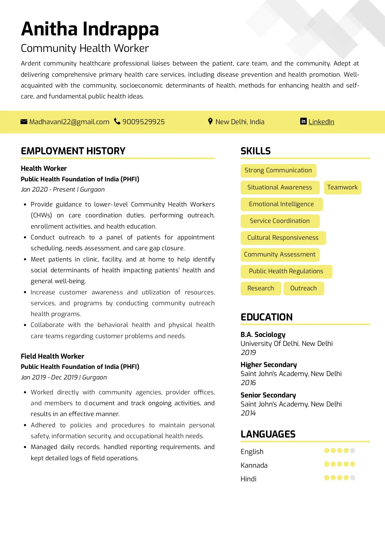 Sample Resume of Community Health Worker | Free Resume Templates & Samples on Resumod.co