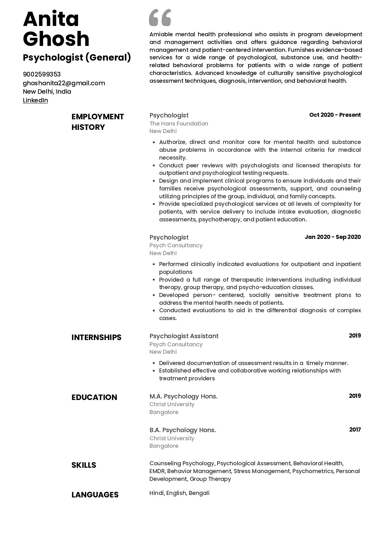 Sample Resume of Psychologist | Free Resume Templates & Samples on Resumod.co