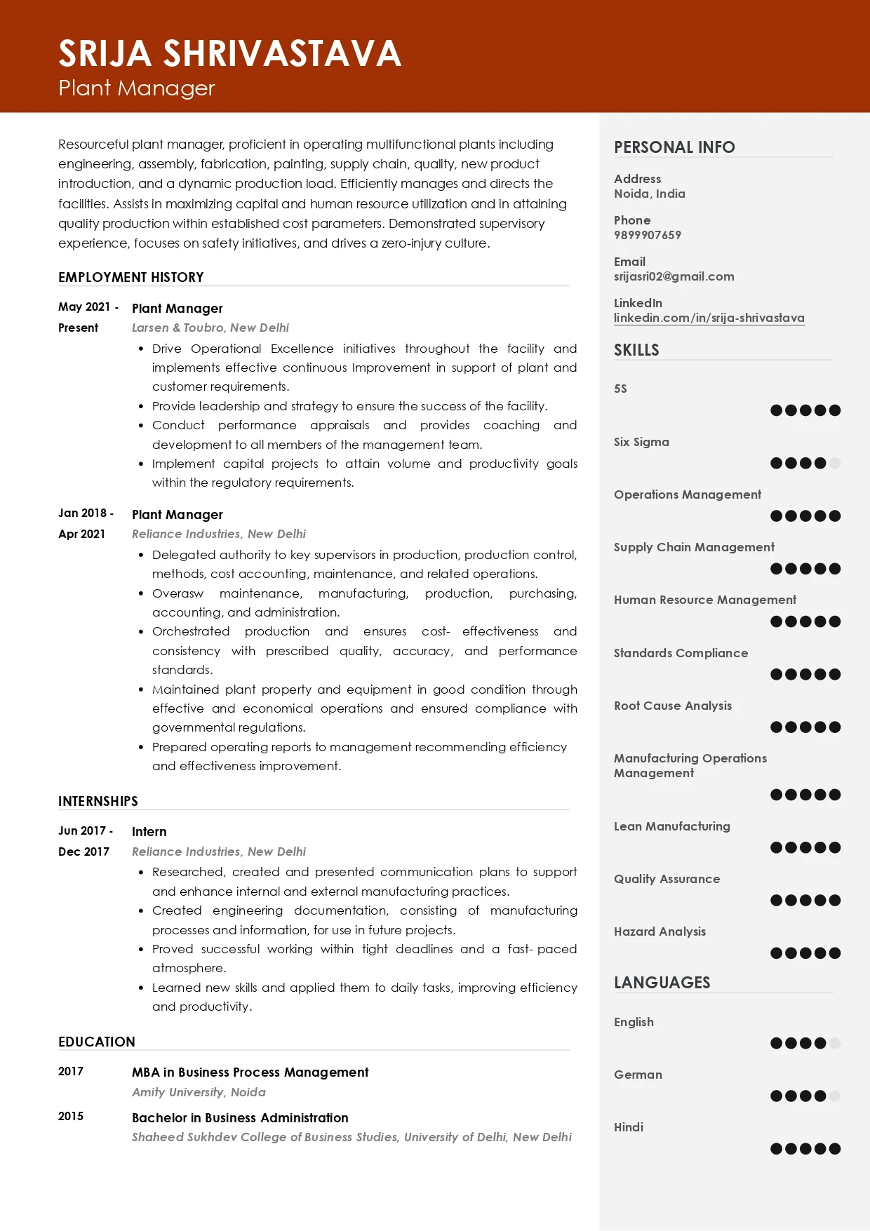 Sample Resume of Plant Manager | Free Resume Templates & Samples on Resumod.co