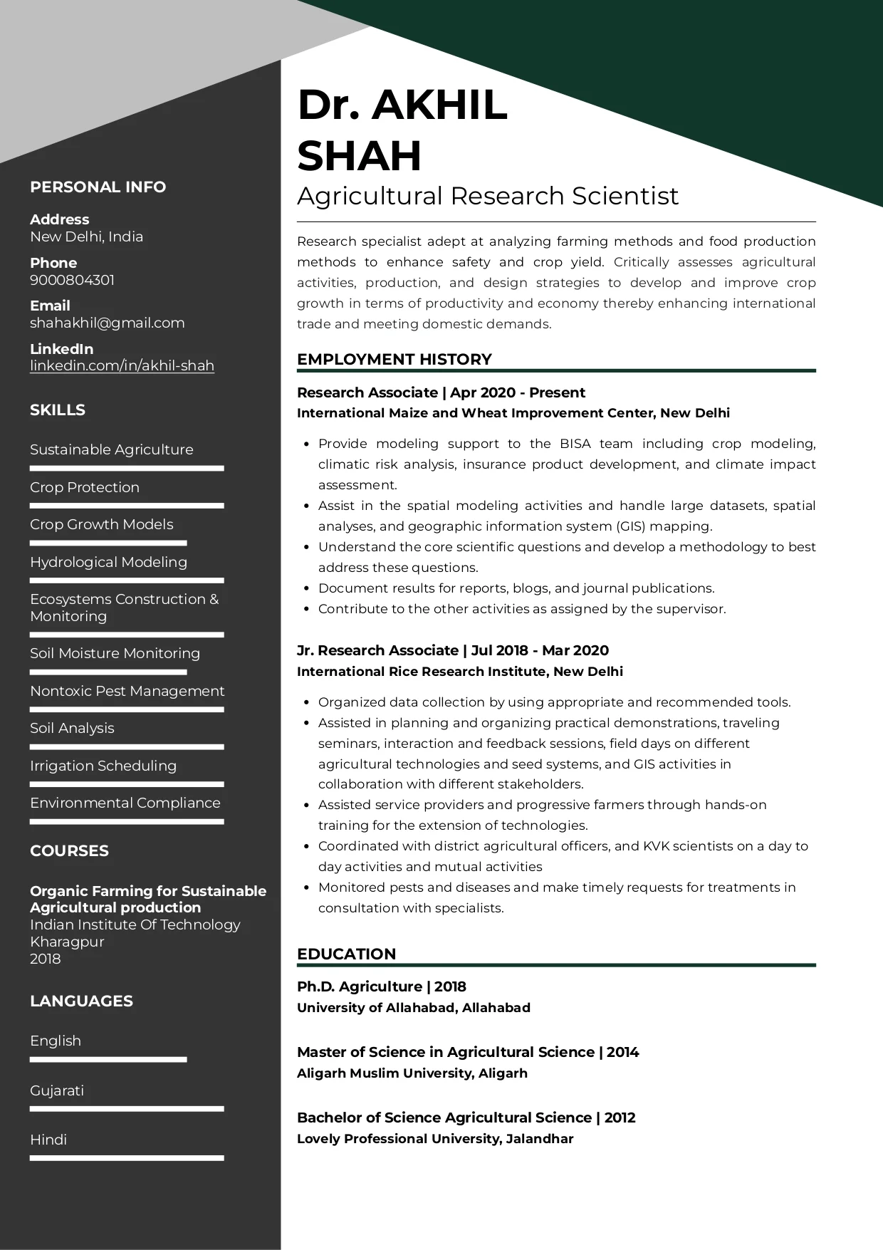 Sample Resume of Agricultural Research Scientist | Free Resume Templates & Samples on Resumod.co