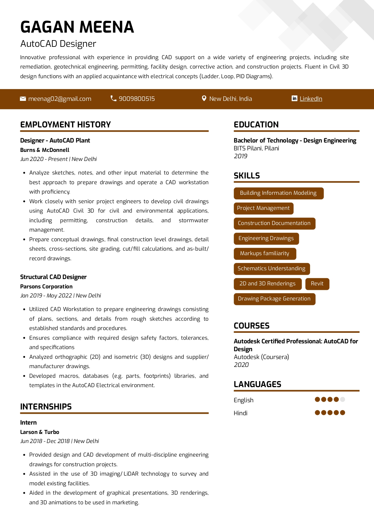 Sample Resume of AutoCAD Designer | Free Resume Templates & Samples on Resumod.co
