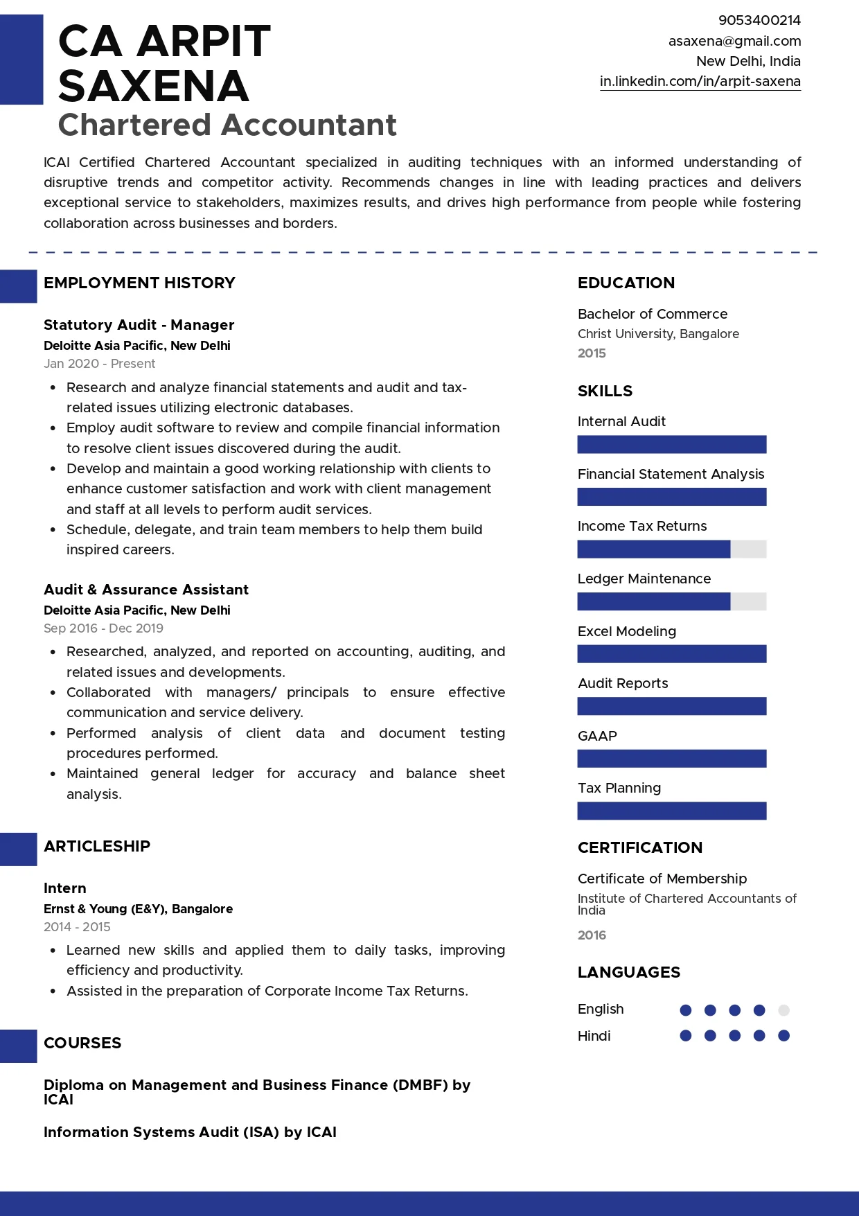 Sample Resume of Chartered Accountant (CA) | Free Resume Templates & Samples on Resumod.co