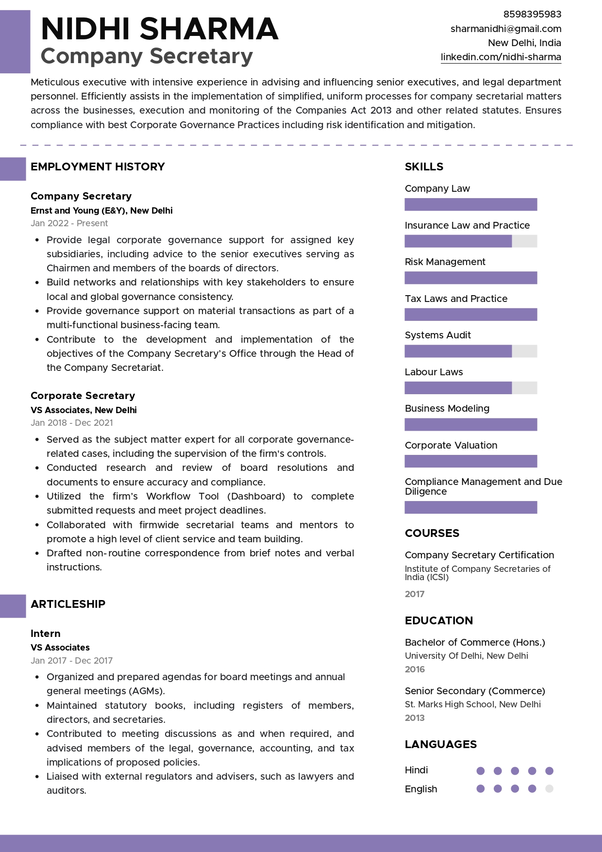 Sample Resume of Company Secretary (CS) | Free Resume Templates & Samples on Resumod.co