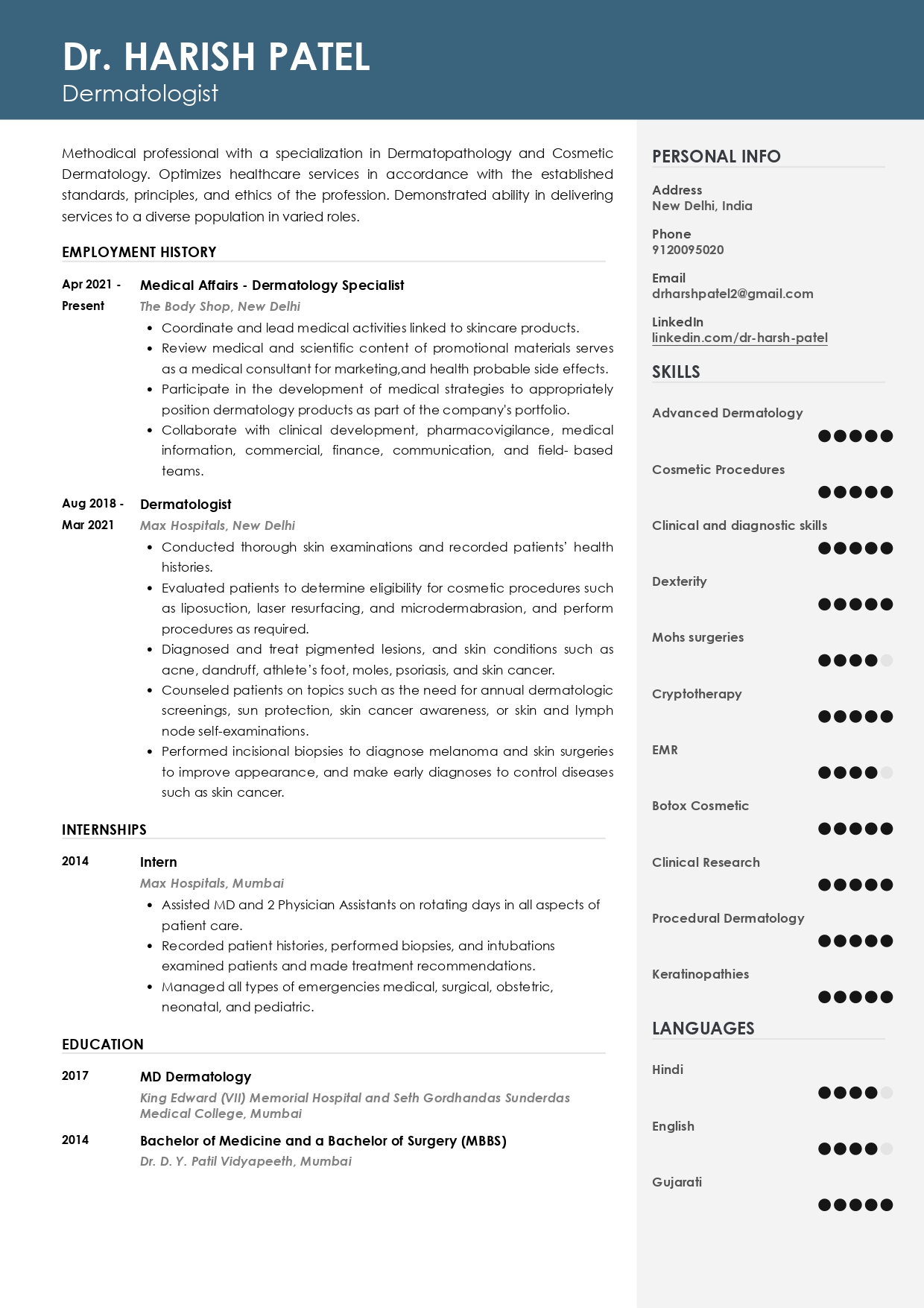 Sample Resume  of Dermatologist | Free Resume Templates & Samples on Resumod.co
